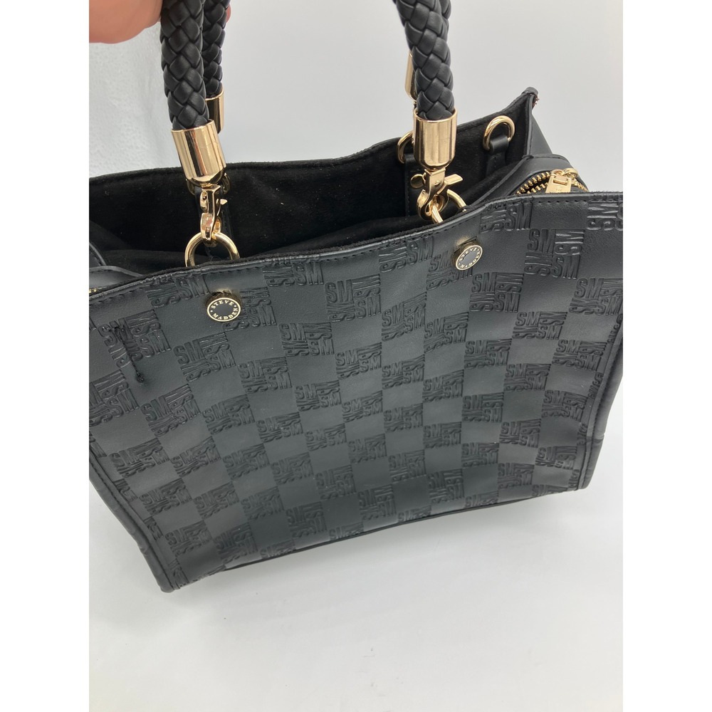 Steve Madden Black Pebbled Faux Leather Tote Bag Gold Hardware Zip Top Handbag - Picture 1 of 10